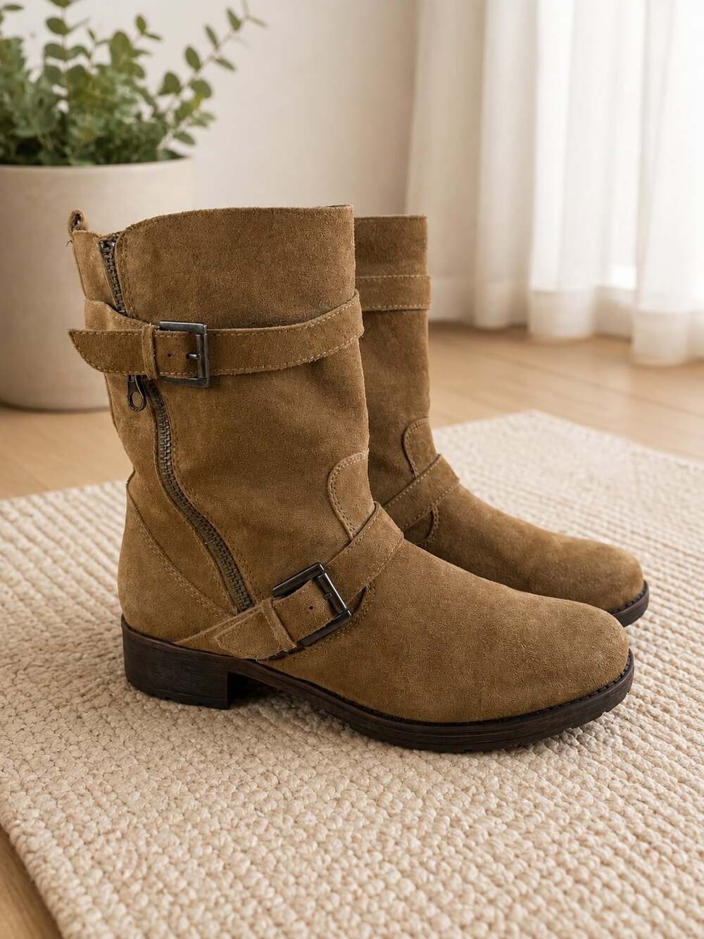 G.H. Bass Marcie Suede Moto Boots Brown Buckle Zip Women’s Size 10M